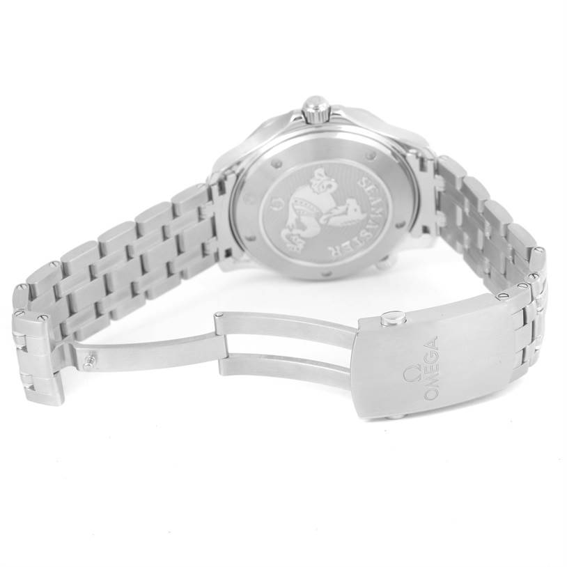 This image shows the backside and bracelet of an Omega Seamaster 212.30.41.20.01.003 Men
s Stainless Steel Black Dial 212.30.41.20.01.003 Men
s Stainless Steel Black Dial watch, highlighting the clasp and case back.