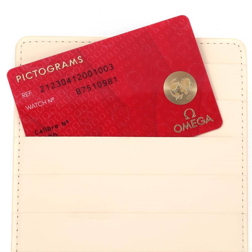 The image shows an Omega Seamaster 212.30.41.20.01.003 Men
s Stainless Steel Black Dial 212.30.41.20.01.003 Men
s Stainless Steel Black Dial watch warranty card partially inserted into a cream-colored card holder.