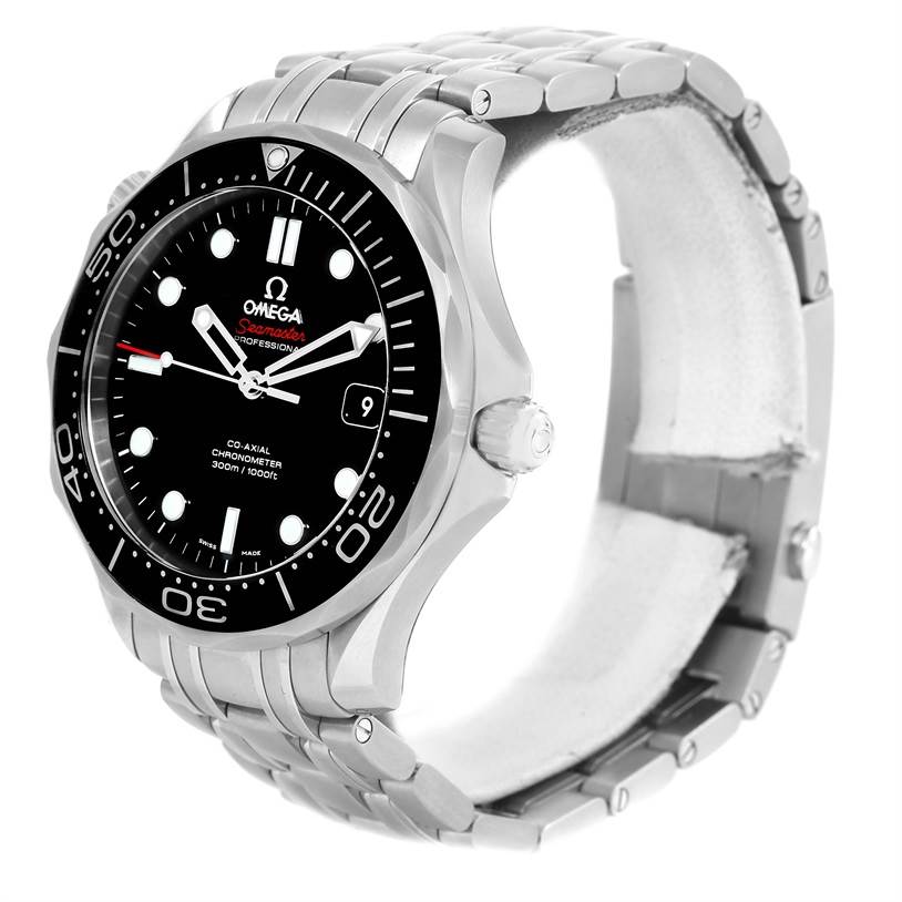 The image shows an Omega Seamaster 212.30.41.20.01.003 Men
s Stainless Steel Black Dial 212.30.41.20.01.003 Men
s Stainless Steel Black Dial watch at a 3/4 angle, highlighting the face, bezel, crown, and bracelet.