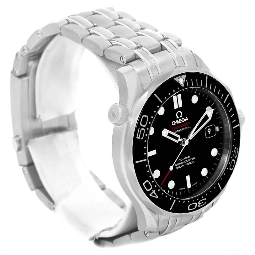 The image shows an angled view of the Omega Seamaster 212.30.41.20.01.003 Men
s Stainless Steel Black Dial 212.30.41.20.01.003 Men
s Stainless Steel Black Dial watch, highlighting the bezel, dial, crown, and metal bracelet.