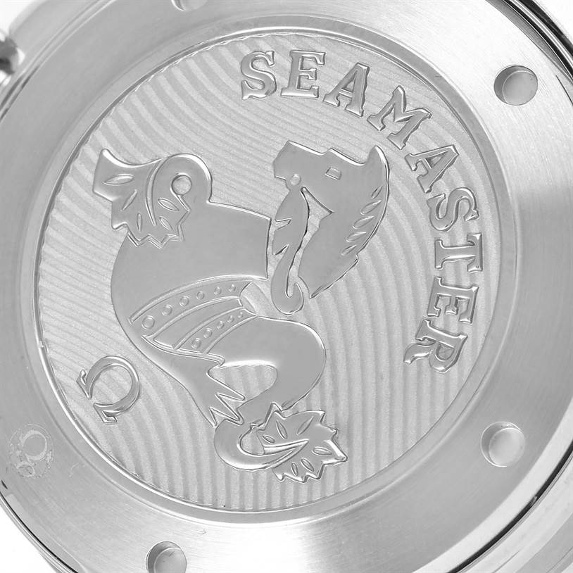 The image shows the case back of an Omega Seamaster 212.30.41.20.01.003 Men
s Stainless Steel Black Dial 212.30.41.20.01.003 Men
s Stainless Steel Black Dial watch, highlighting the engraved Seahorse emblem and "Seamaster" text.
