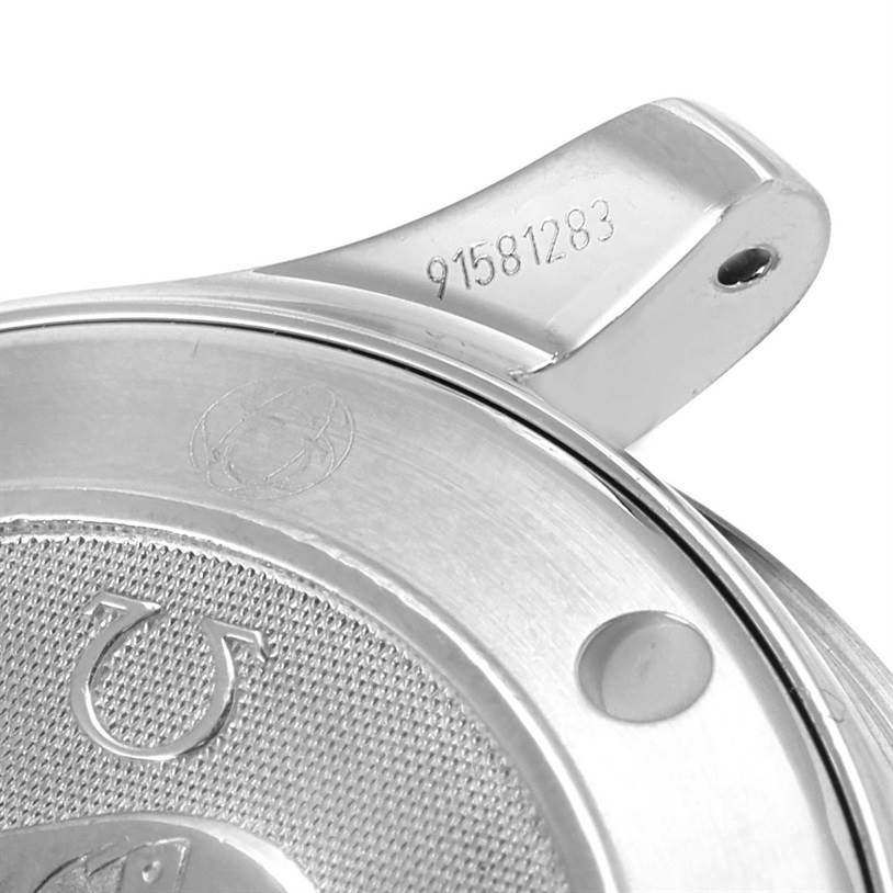 The image shows a close-up of the case back and lug of an Omega Seamaster 212.30.28.61.01.001 Men
s Stainless Steel Black Dial 212.30.28.61.01.001 Men
s Stainless Steel Black Dial watch, including serial numbers and engravings.