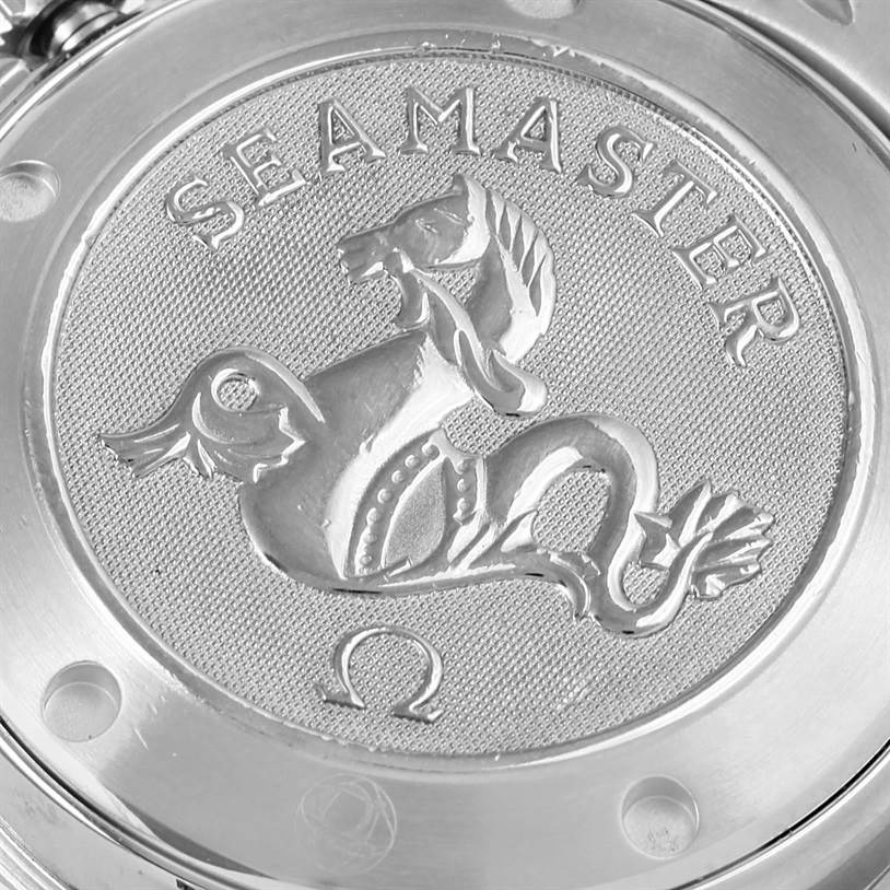 The image shows the back casing of an Omega Seamaster 212.30.28.61.01.001 Men
s Stainless Steel Black Dial 212.30.28.61.01.001 Men
s Stainless Steel Black Dial watch, featuring an engraved seahorse and the word "Seamaster".