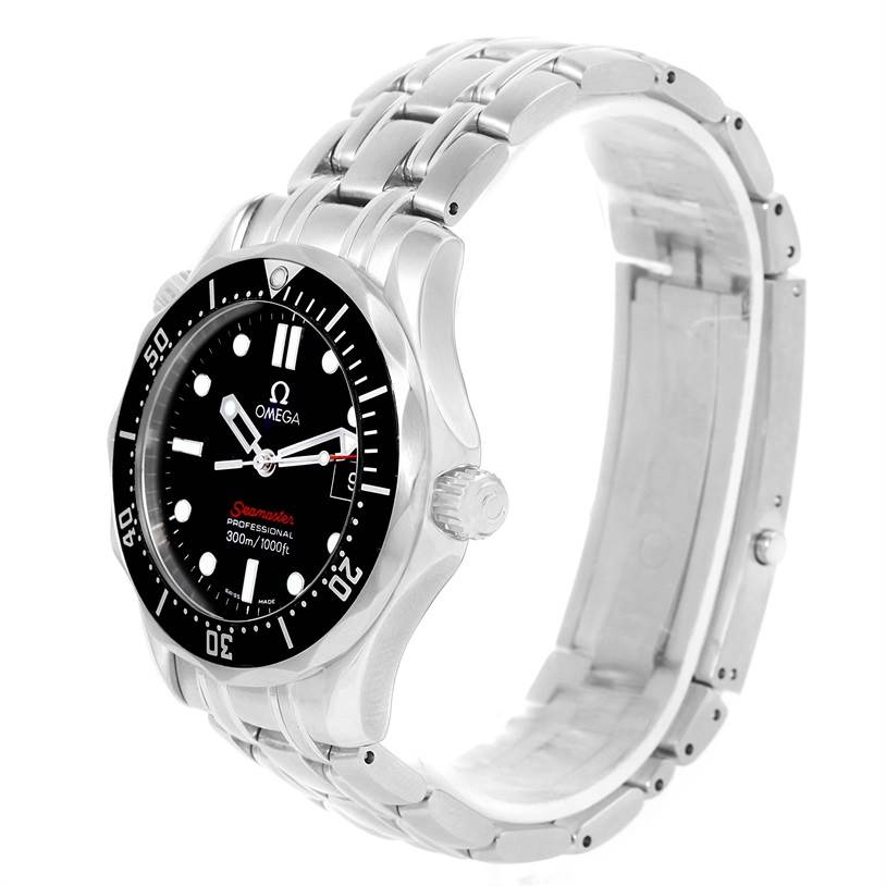 The image shows an Omega Seamaster 212.30.28.61.01.001 Men
s Stainless Steel Black Dial 212.30.28.61.01.001 Men
s Stainless Steel Black Dial watch at a three-quarter angle, highlighting its face, bezel, crown, and metal bracelet.