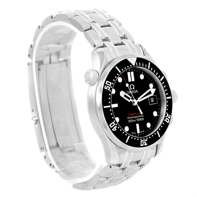 The Omega Seamaster 212.30.28.61.01.001 Men
s Stainless Steel Black Dial 212.30.28.61.01.001 Men
s Stainless Steel Black Dial watch is shown at an angle, displaying its face, bezel, crown, and metal bracelet.