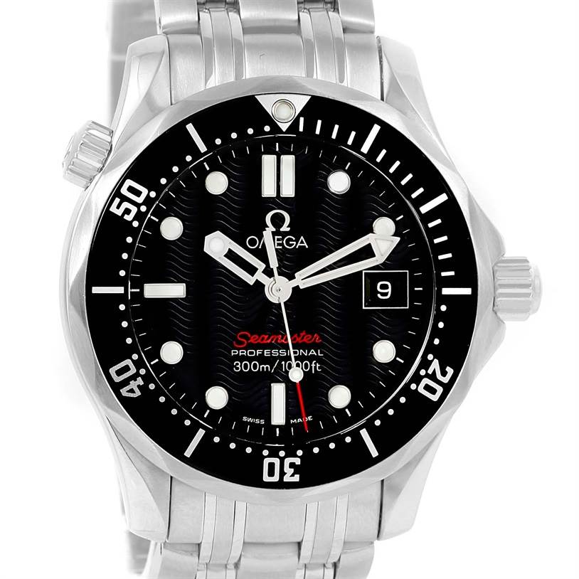 The image shows a front view of the Omega Seamaster 212.30.28.61.01.001 Men
s Stainless Steel Black Dial 212.30.28.61.01.001 Men
s Stainless Steel Black Dial watch, featuring its dial, bezel, and crown.
