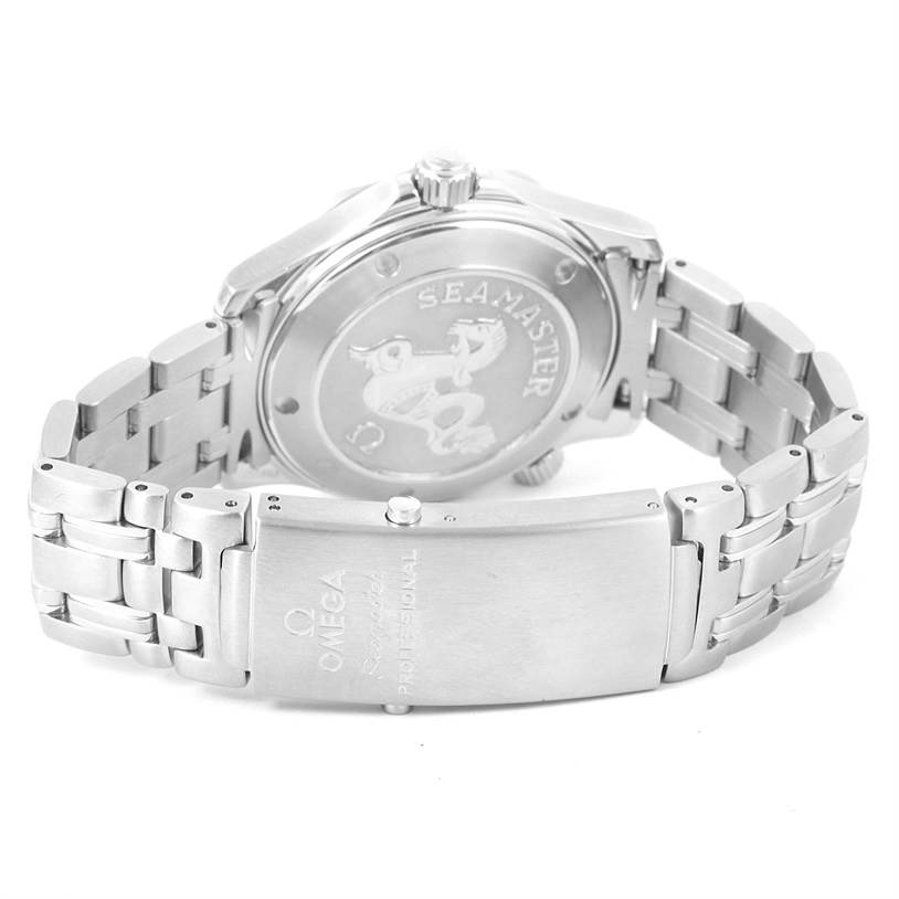 The image shows the back and clasp of an Omega Seamaster 212.30.28.61.01.001 Men
s Stainless Steel Black Dial 212.30.28.61.01.001 Men
s Stainless Steel Black Dial watch with its stainless steel bracelet.