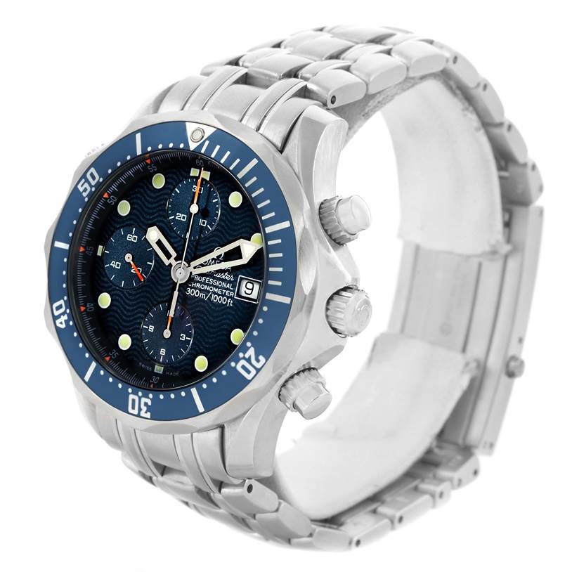 The image shows an angled view of the Omega Seamaster 2599.80.00 Men
s Stainless Steel Blue Dial 2599.80.00 Men
s Stainless Steel Blue Dial watch, highlighting the dial, bezel, crown, pushers, and metal bracelet.