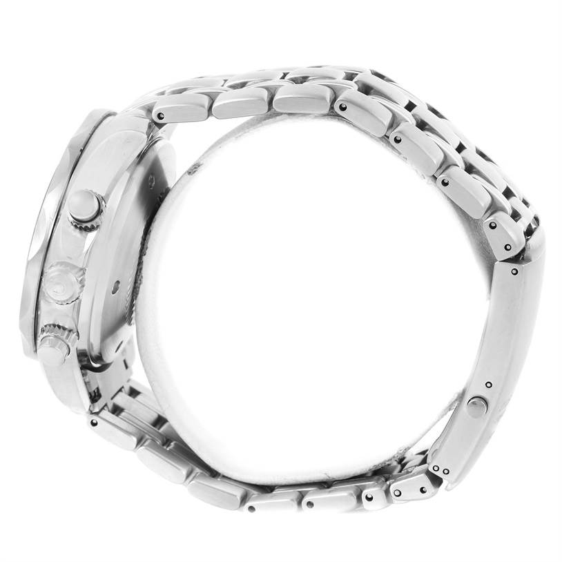 The Omega Seamaster 2599.80.00 Men
s Stainless Steel Blue Dial 2599.80.00 Men
s Stainless Steel Blue Dial watch is shown from a side angle, highlighting the crown, pushers, and metal bracelet.