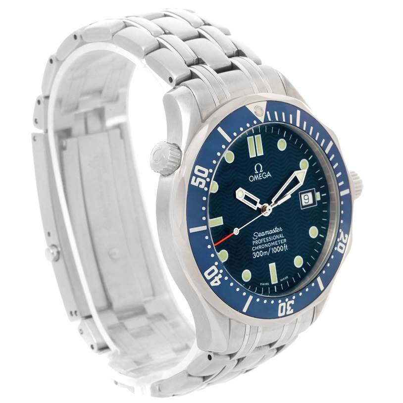 The image shows an Omega Seamaster 2531.80.00 Men
s Stainless Steel Blue Dial 2531.80.00 Men
s Stainless Steel Blue Dial watch at an angle, highlighting the bracelet, bezel, dial, hands, and date window.