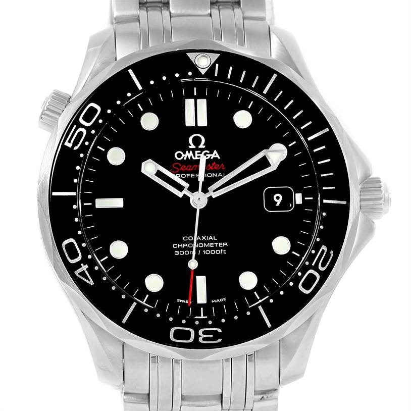 The image shows an Omega Seamaster 212.30.41.20.01.003 Men
s Stainless Steel Black Dial 212.30.41.20.01.003 Men
s Stainless Steel Black Dial watch from the front, displaying the dial, bezel, crown, and part of the bracelet.