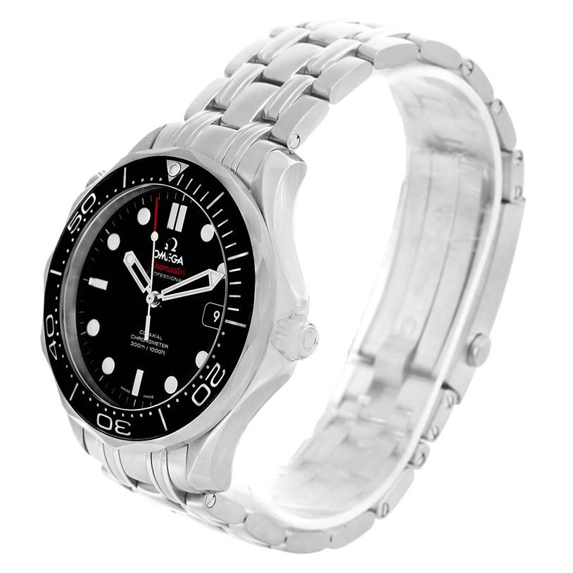 The image shows an angled side view of an Omega Seamaster 212.30.41.20.01.003 Men
s Stainless Steel Black Dial 212.30.41.20.01.003 Men
s Stainless Steel Black Dial watch displaying the face, bezel, crown, and stainless steel bracelet.