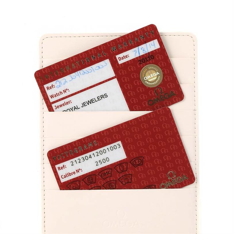 The image shows the warranty and pictogram cards for an Omega Seamaster 212.30.41.20.01.003 Men
s Stainless Steel Black Dial 212.30.41.20.01.003 Men
s Stainless Steel Black Dial watch.