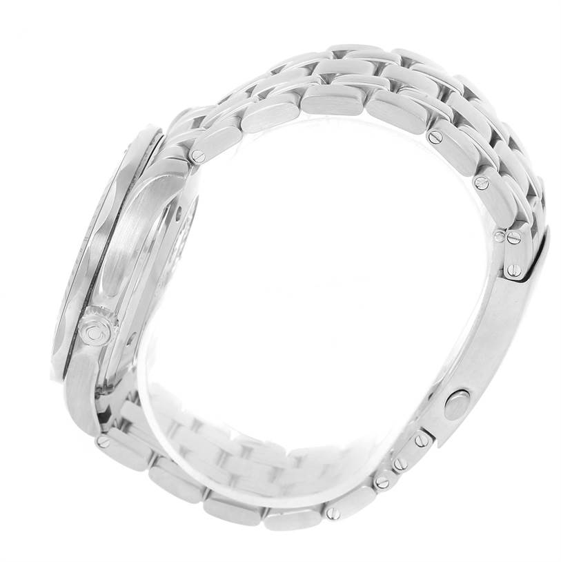 The image shows a side view of an Omega Seamaster 212.30.41.20.01.003 Men
s Stainless Steel Black Dial 212.30.41.20.01.003 Men
s Stainless Steel Black Dial model, highlighting the stainless steel case and bracelet.