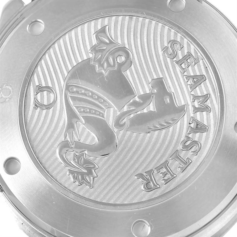 This image shows a close-up of the case back of an Omega Seamaster 212.30.41.20.01.003 Men
s Stainless Steel Black Dial 212.30.41.20.01.003 Men
s Stainless Steel Black Dial watch.