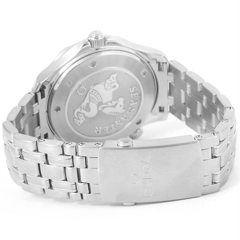 The image shows the back case and metal bracelet of an Omega Seamaster 212.30.41.20.01.003 Men
s Stainless Steel Black Dial 212.30.41.20.01.003 Men
s Stainless Steel Black Dial watch at an angled rear view.