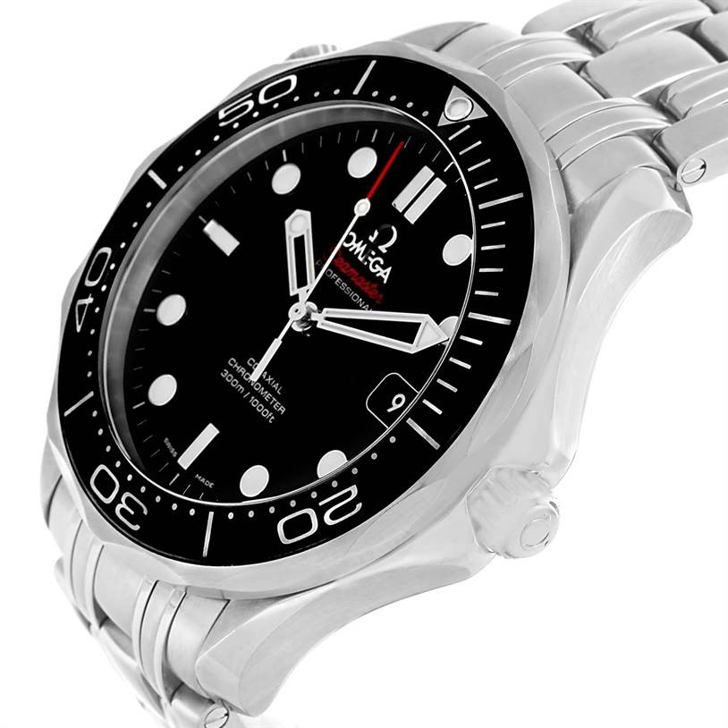 The image shows an angled view of an Omega Seamaster 212.30.41.20.01.003 Men
s Stainless Steel Black Dial 212.30.41.20.01.003 Men
s Stainless Steel Black Dial watch, highlighting the face, bezel, crown, and part of the bracelet.