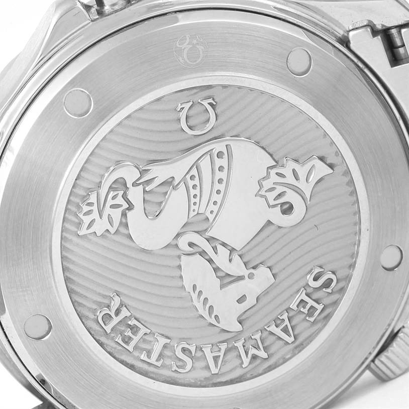 The image shows the back case of an Omega Seamaster 212.30.41.20.03.001 Men
s Stainless Steel Blue Dial 212.30.41.20.03.001 Men
s Stainless Steel Blue Dial watch, featuring its engraved design and branding.