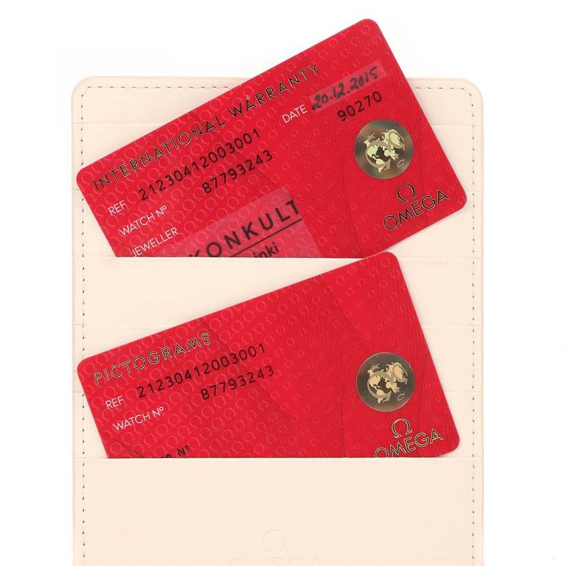 The image shows two warranty and pictogram cards for an Omega Seamaster 212.30.41.20.03.001 Men
s Stainless Steel Blue Dial 212.30.41.20.03.001 Men
s Stainless Steel Blue Dial watch.