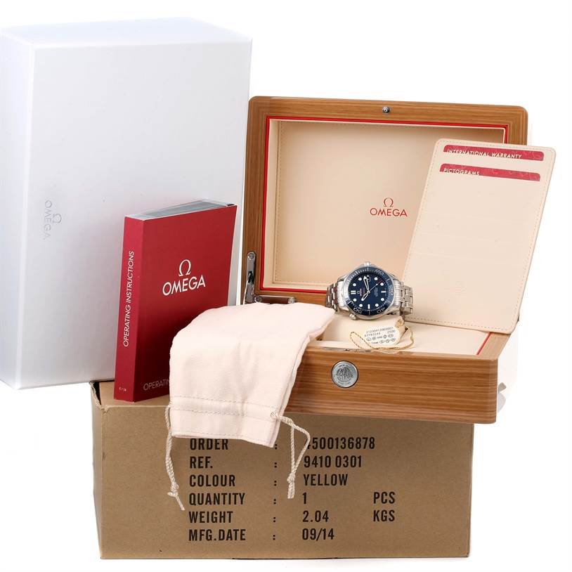 The image shows an Omega Seamaster 212.30.41.20.03.001 Men
s Stainless Steel Blue Dial 212.30.41.20.03.001 Men
s Stainless Steel Blue Dial watch, its box, warranty cards, instruction manual, and outer packaging from a frontal angle.