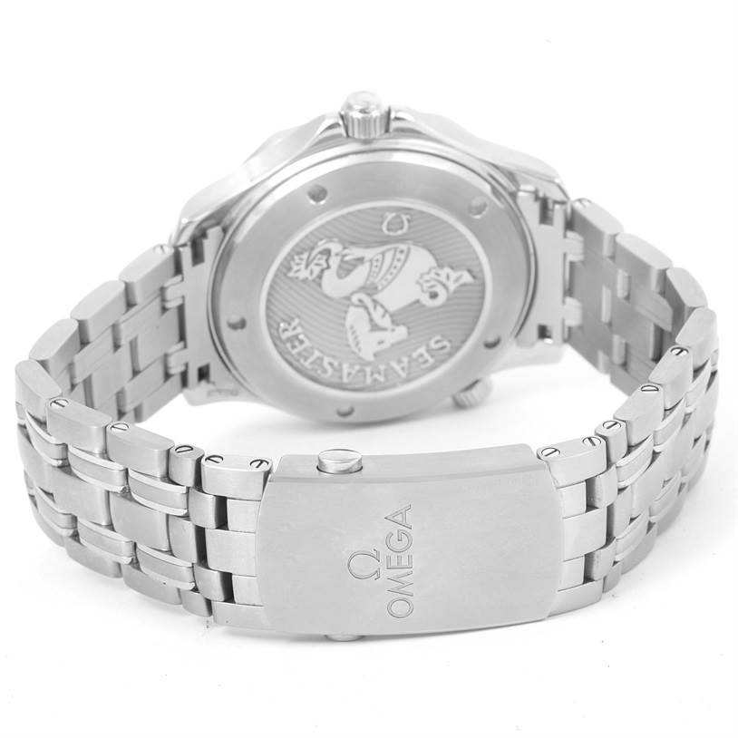 The image shows the back view of the Omega Seamaster 212.30.41.20.03.001 Men
s Stainless Steel Blue Dial 212.30.41.20.03.001 Men
s Stainless Steel Blue Dial watch, highlighting its case back and stainless steel bracelet.