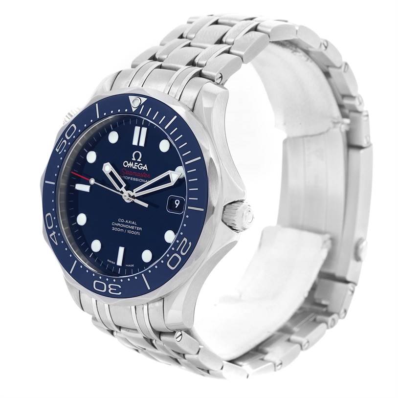 The image shows a front-side angle of an Omega Seamaster 212.30.41.20.03.001 Men
s Stainless Steel Blue Dial 212.30.41.20.03.001 Men
s Stainless Steel Blue Dial watch, highlighting its blue dial, bezel, and stainless steel bracelet.