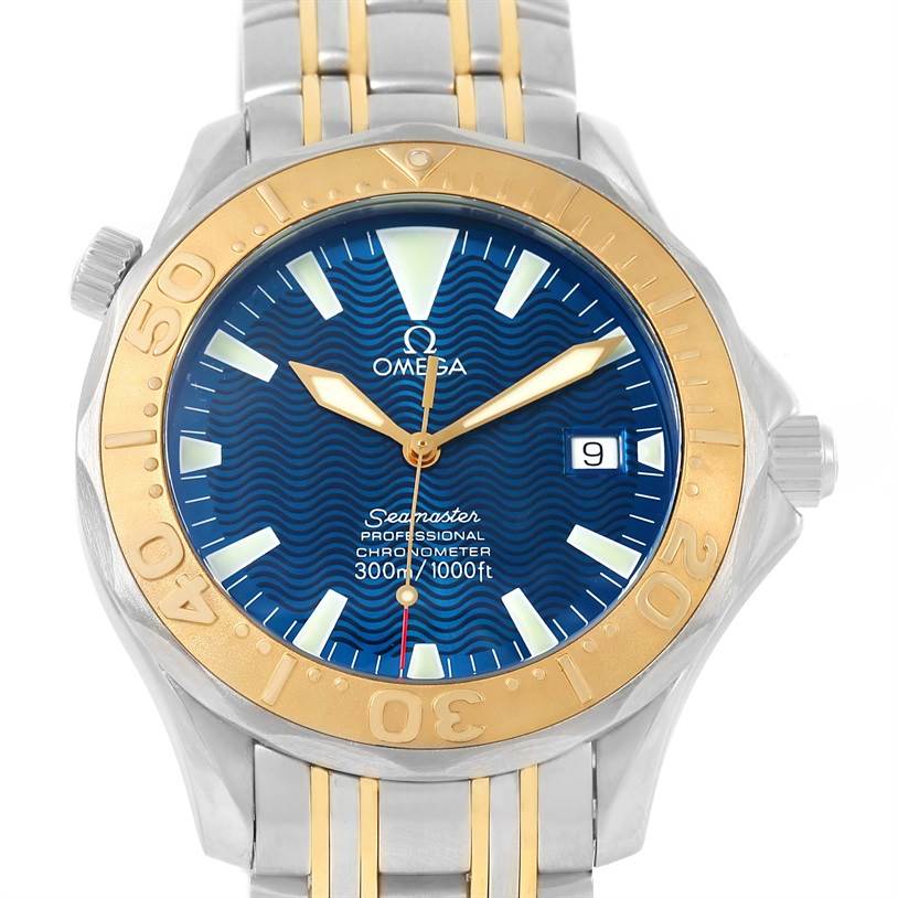 The image shows a front view of an Omega Seamaster 2455.80.00 Men
s Stainless Steel Blue Dial 2455.80.00 Men
s Stainless Steel Blue Dial watch, displaying its dial, bezel, hands, and part of its bracelet.