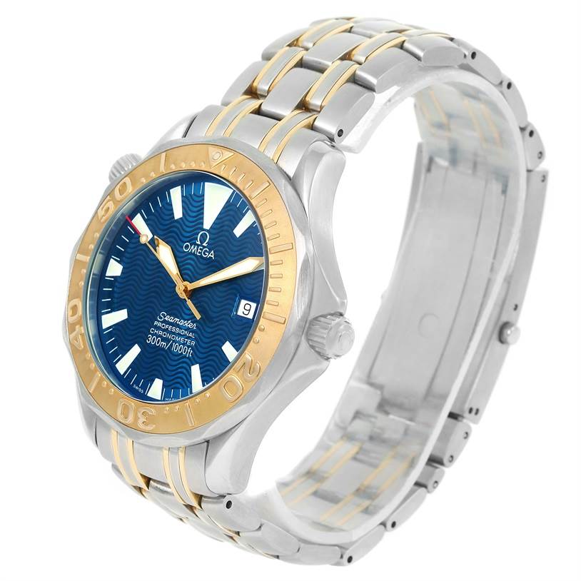 This image shows a side view of an Omega Seamaster 2455.80.00 Men
s Stainless Steel Blue Dial 2455.80.00 Men
s Stainless Steel Blue Dial watch, highlighting its blue dial, gold bezel, and two-tone bracelet.