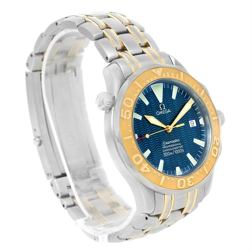 The Omega Seamaster 2455.80.00 Men
s Stainless Steel Blue Dial 2455.80.00 Men
s Stainless Steel Blue Dial watch is shown at an angle displaying its dial, bezel, crown, and bracelet.