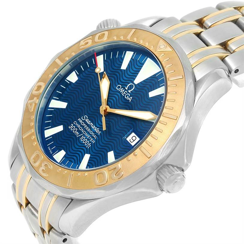 The Omega Seamaster 2455.80.00 Men
s Stainless Steel Blue Dial 2455.80.00 Men
s Stainless Steel Blue Dial watch is shown from an angled close-up view, highlighting the dial, bezel, and part of the bracelet.