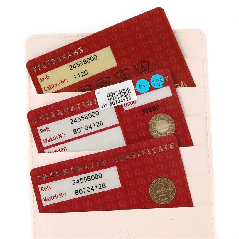 The image shows Omega Seamaster 2455.80.00 Men
s Stainless Steel Blue Dial 2455.80.00 Men
s Stainless Steel Blue Dial model
s pictogram, chronometer certificate, and international warranty cards.