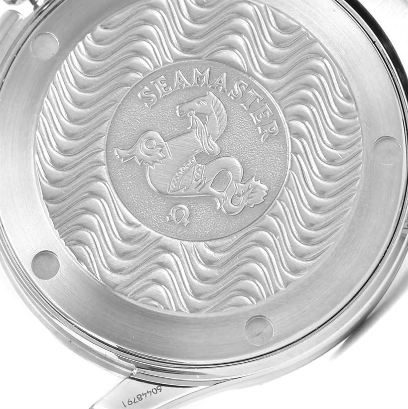 The image shows the engraved case back of an Omega Seamaster 2551.80.00 Men's Stainless Steel Blue Dial 2551.80.00 Men's Stainless Steel Blue Dial watch.