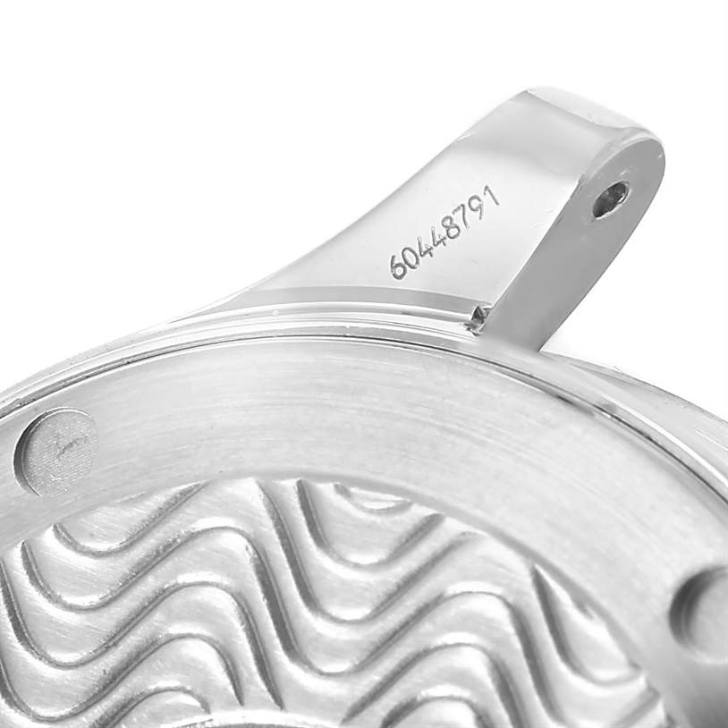 The image shows a close-up of the Omega Seamaster 2551.80.00 Men's Stainless Steel Blue Dial 2551.80.00 Men's Stainless Steel Blue Dial watch's case back and one of its lugs, including the serial number.