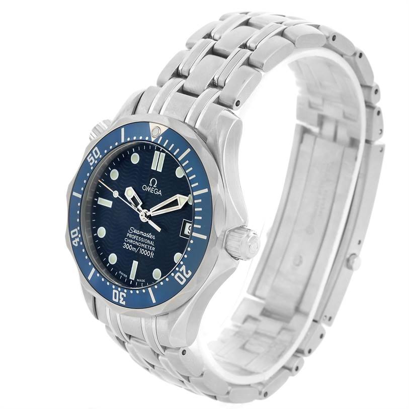 The image shows an angled front view of an Omega Seamaster 2551.80.00 Men's Stainless Steel Blue Dial 2551.80.00 Men's Stainless Steel Blue Dial watch, highlighting its face, bezel, and metal bracelet.