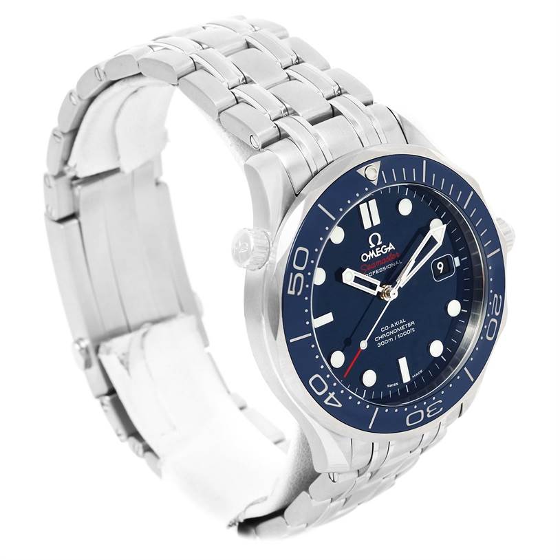 The Omega Seamaster 212.30.41.20.03.001 Men
s Stainless Steel Blue Dial 212.30.41.20.03.001 Men
s Stainless Steel Blue Dial watch is shown at a three-quarter angle, highlighting the face, crown, bezel, and stainless steel bracelet.
