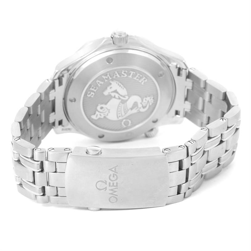 The image shows the back case and bracelet of an Omega Seamaster 212.30.41.20.03.001 Men
s Stainless Steel Blue Dial 212.30.41.20.03.001 Men
s Stainless Steel Blue Dial watch, highlighting the engraved case back and the Omega-branded clasp.