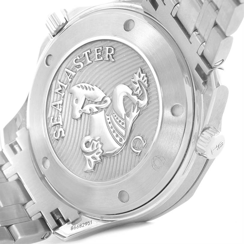 This image shows the back case of an Omega Seamaster 212.30.41.20.03.001 Men
s Stainless Steel Blue Dial 212.30.41.20.03.001 Men
s Stainless Steel Blue Dial watch, displaying the engraved logo and bracelet attachment.