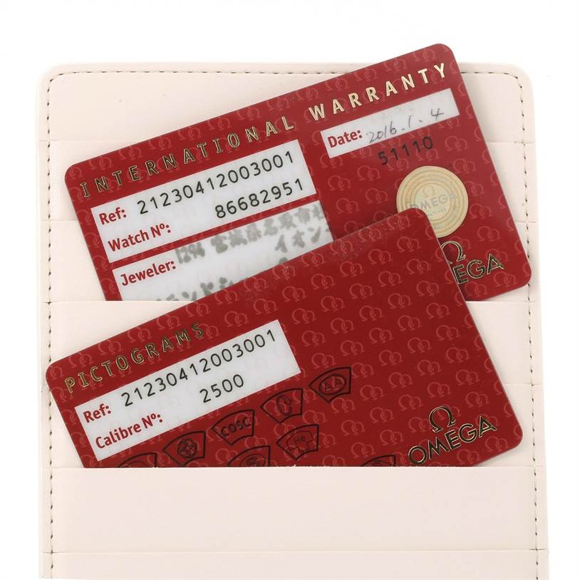 The image shows warranty and pictogram cards for an Omega Seamaster 212.30.41.20.03.001 Men
s Stainless Steel Blue Dial 212.30.41.20.03.001 Men
s Stainless Steel Blue Dial watch placed in a holder, viewed from above.