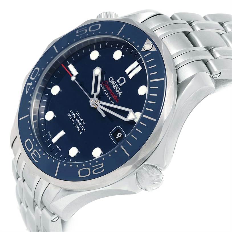 The image shows an angled view of an Omega Seamaster 212.30.41.20.03.001 Men
s Stainless Steel Blue Dial 212.30.41.20.03.001 Men
s Stainless Steel Blue Dial watch detailing the dial, bezel, crown, and part of the bracelet.