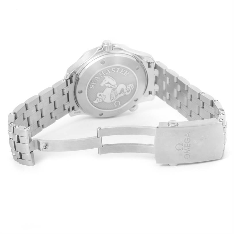 This image shows the back casing and open clasp of an Omega Seamaster 212.30.41.20.03.001 Men
s Stainless Steel Blue Dial 212.30.41.20.03.001 Men
s Stainless Steel Blue Dial watch from a rear angle.