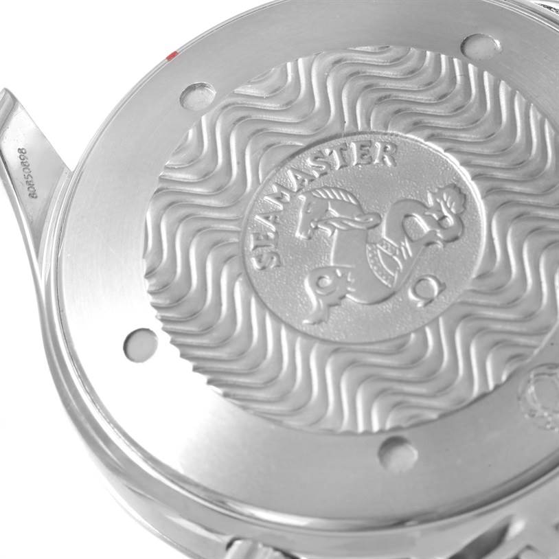 The image shows the back case of an Omega Seamaster 2531.80.00 Men
s Stainless Steel Blue Dial 2531.80.00 Men
s Stainless Steel Blue Dial watch, featuring its signature wave pattern and engraved logo.