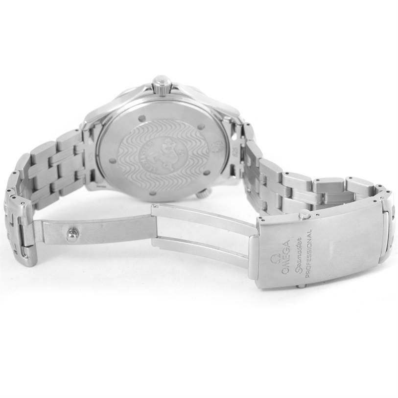 This image shows the back case and open clasp of an Omega Seamaster 2531.80.00 Men
s Stainless Steel Blue Dial 2531.80.00 Men
s Stainless Steel Blue Dial watch from a rear and slightly top angle.