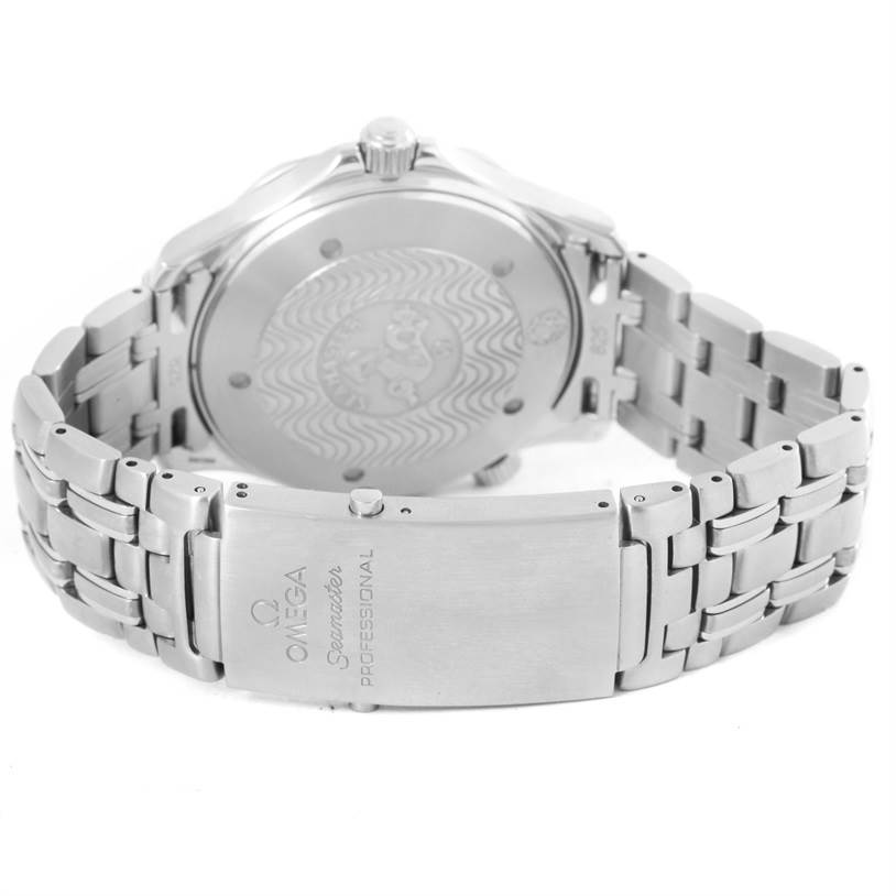 The image shows the Omega Seamaster 2531.80.00 Men
s Stainless Steel Blue Dial 2531.80.00 Men
s Stainless Steel Blue Dial watch from the back, highlighting the case back and bracelet with the clasp visible.