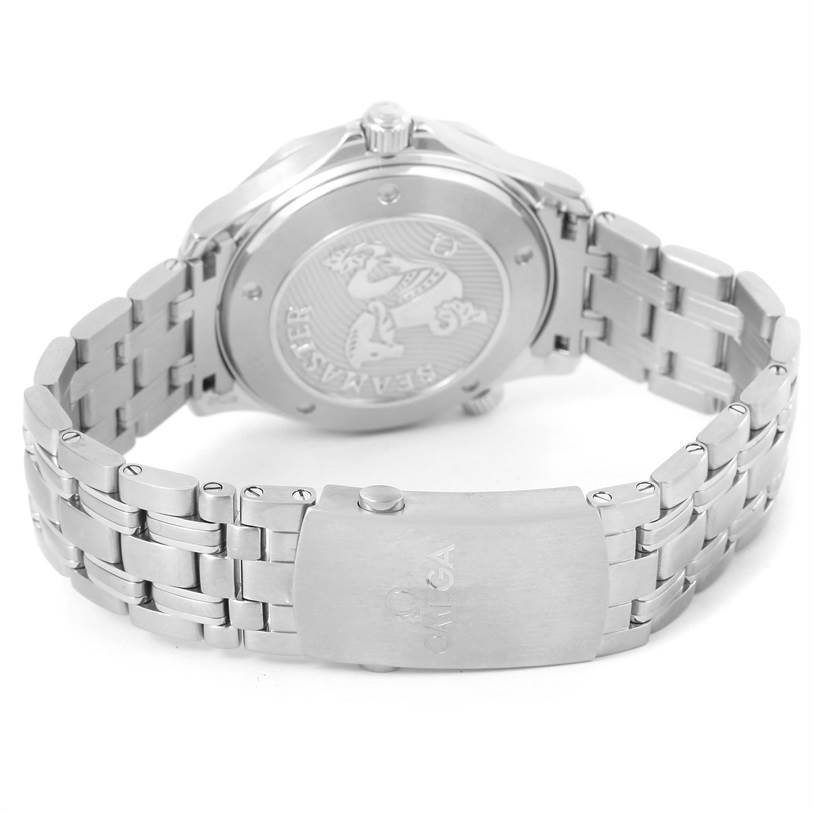 The image shows the back and bracelet of an Omega Seamaster 212.30.41.20.01.003 Men
s Stainless Steel Black Dial 212.30.41.20.01.003 Men
s Stainless Steel Black Dial watch, highlighting the engraved case back and clasp.