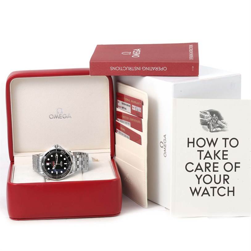 The Omega Seamaster 212.30.41.20.01.003 Men
s Stainless Steel Black Dial 212.30.41.20.01.003 Men
s Stainless Steel Black Dial watch is shown in its case along with a manual and warranty cards.