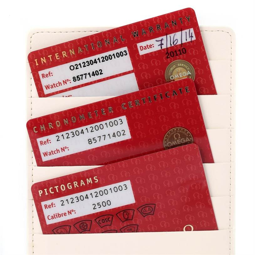 The image shows International Warranty, Chronometer Certificate, and Pictograms cards for the Omega Seamaster 212.30.41.20.01.003 Men
s Stainless Steel Black Dial 212.30.41.20.01.003 Men
s Stainless Steel Black Dial model.