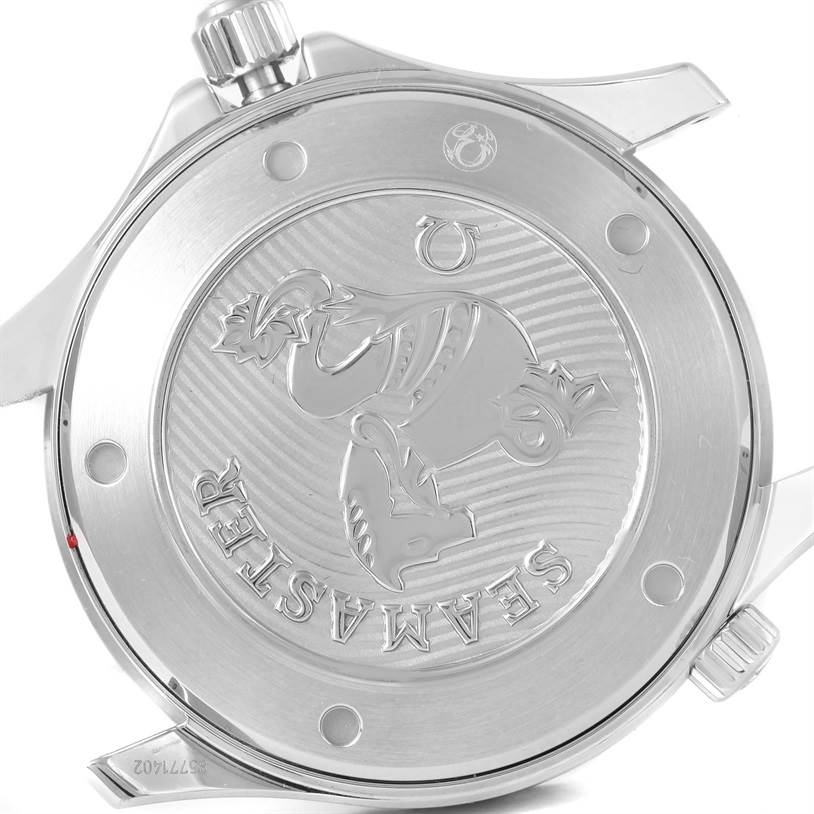 The image shows the back case of an Omega Seamaster 212.30.41.20.01.003 Men
s Stainless Steel Black Dial 212.30.41.20.01.003 Men
s Stainless Steel Black Dial watch, displaying the engraved logo and design.