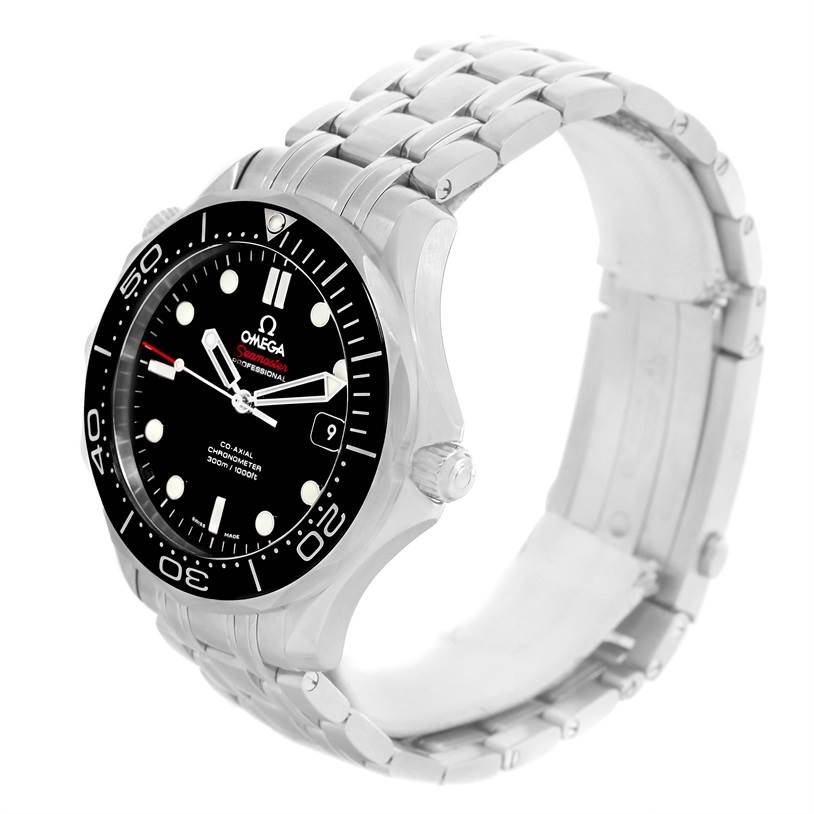 This image shows an Omega Seamaster 212.30.41.20.01.003 Men
s Stainless Steel Black Dial 212.30.41.20.01.003 Men
s Stainless Steel Black Dial watch at a three-quarter angle, highlighting the face, bezel, case, and metal bracelet.