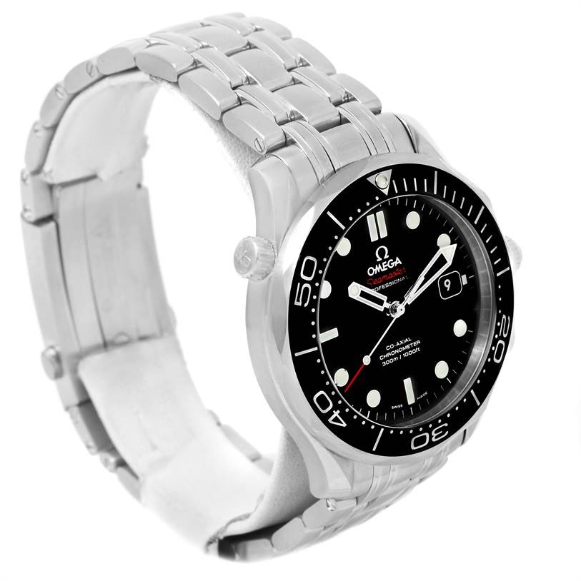 The image shows a side-angle view of the Omega Seamaster 212.30.41.20.01.003 Men
s Stainless Steel Black Dial 212.30.41.20.01.003 Men
s Stainless Steel Black Dial watch, detailing the bracelet, dial, and bezel.