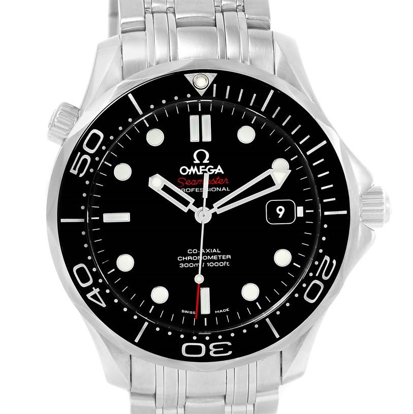 The image shows a front view of an Omega Seamaster 212.30.41.20.01.003 Men
s Stainless Steel Black Dial 212.30.41.20.01.003 Men
s Stainless Steel Black Dial watch, displaying its black dial, bezel, and stainless steel bracelet.